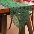 Green lace table runner with leaf pattern and elegant tassel on dark wood table - 33*183 / Green
