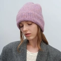 Thick ribbed knit beanie in pink and purple gradient marl for winter warmth - Purple Pink