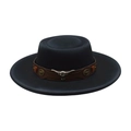 Detail of black wool felt boater hat with brown leather band and silver bull head emblem - One Size (M Convex Dome) / Black (Brown Bull Head)