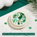 Paillettes de Noël pour ongles avec feuilles vertes et sequins blancs en petit pot rond - Sapin de Noël Coloré (XP627)