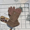 Brown winter thermal knitted gloves with pink fingertips and sparkling floral rhinestone trim - Khaki