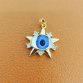 Golden star pendant with blue evil eye design and clear zircons on brown leather - 7-Gold Star Shape Blue Eye Zircon