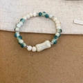 Ethnic style beaded bracelet with white zircon and turquoise beads in silver finish - Green-Bone
