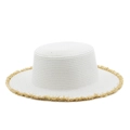 Minimalist white straw boater hat with natural fringe trim for summer beach vacation - M (56-58cm) / Pure White (JX-S484)