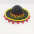Black felt Mexican mini hat headband with colorful pom-pom fringe and woven trim - Black Felt-Red Pompoms