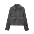 Detailed view of dark grey wool jacket featuring a lapel collar and metal zipper - Dark Gray