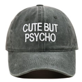 Detail view of charcoal grey washed baseball cap with white CUTE BUT PSYCHO embroidery - One Size / Army Green