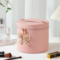 Pink woven PU leather round makeup bag with sparkling rhinestone butterfly decor - Adjustable LED Light / Pink