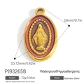Golden stainless steel oval Virgin Mary pendant with red enamel and size dimensions - Dark Red Base Gold Oval Virgin Mary Pendant (PJ93265B)