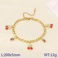 Gold stainless steel bracelet featuring red strawberry and cherry charms with zircon leaf detail - Flat Link Chain Cherry Strawberry Mixed Style(KB203069-Z)