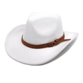 Close-up of white wool felt cowboy hat with a brown suede band and gold buckle detail - White