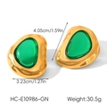Detailed view of vintage irregular 18k gold earrings with green resin stones and dimensions - Green (HC-E10986-GN)