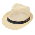 Chapeau trilby en paille ajourée beige avec ceinture en cuir noir et boucle argent - Taille unique / Camel