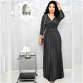 Black long sleeve V-neck pleated maxi dress with matching waist belt in shimmery fabric - 3XL / Black