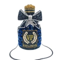 Navy blue perfume bottle crystal clutch with VIP gold lettering and bow detail - Blue Gradient