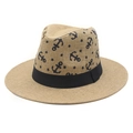 Strohhut im Fedora-Stil mit Ankerdruck und schwarzem Band für Damen und Herren - M (56-58cm) / Hellbeige