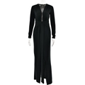 Elegante abito lungo nero con scollo a V profondo, maniche lunghe e spacco alto laterale - M / Nero