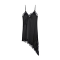 Elegant black satin lace slip dress with asymmetrical hem and delicate spaghetti straps - XS / Black