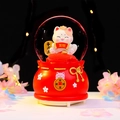 Red Lucky Cat music box crystal ball with glowing snow and fortune pouch base - 0334 To Get Rich / Medium 80# LED Light+Music