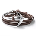 Macro shot of brown leather multilayer strap with silver anchor hook clasp for men - Silver & Coffee