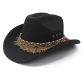 Zwarte cowboyhoed met bohemien vlechtband, gouden kettingen en bruine franjes - M (56-58cm) / Zwart