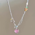 Silver multi-element necklace with pink glitter heart pendant and colorful raw stones - Mermaid Rhinestone Style