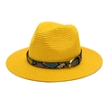Detail of yellow straw fedora hat featuring a colorful snakeskin band and gold metal buckle - M (56-58cm) / Yellow