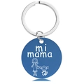 Detail showing blue metal keychain with silver ring and mi mama engraving on white background - Blue Keychain (Y00035)