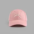 Light pink baseball cap with white bow embroidery and classic pre-curved brim for women - Hard Top Bow Baseball Cap Style / Pink
