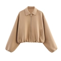 Chaqueta casual caqui para mujer con cremallera, cuello de solapa y dobladillo elástico - S / Caqui