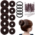 Brown hair bun maker set with sponge donuts, elastic ties and U-shaped hair pins - 55-Piece Dark Coffee Set / Dark Coffee