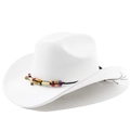 Detail of white suede cowboy hat featuring colorful ethnic style beaded trim and wide brim - M (56-58cm) / Pure White