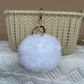 Plush white faux rabbit fur pompom keychain with shiny gold lobster clasp and key ring - White