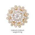 Detail of a gold alloy flower brooch with clear rhinestones measuring 2.68x2.68 inches - Golden Round Floral Style (XD105-2)