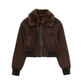 Giacca bomber vintage marrone scuro in finto camoscio con collo in pelliccia spessa - XS / Marrone Scuro