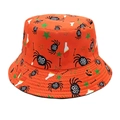 Detail of Halloween bucket hat featuring orange fabric with spider and pumpkin prints - Orange