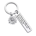 Polished sunflower keychain with engraved rectangular pendant on white background - Praise of friendship