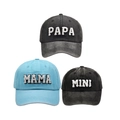 Matching family baseball caps with PAPA MAMA MINI towel embroidery in washed denim fabric - Family Set (PAPA+MAMA+MINI) / Black/Blue/Black