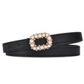 Elegante cintura sottile nera con fibbia ovale decorata con perle e strass lucidi - Nero