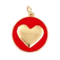 Red enamel round charm with golden heart relief for necklaces or bracelets - Red Round Gold Heart Style ((M81 Heart Red))