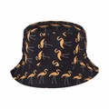 Unisex Anglerhut in Schwarz mit gelbem Flamingo-Print in flacher Frontansicht - M (56-58cm) / Schwarz