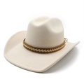 Vintage western cowboyhoed van wolvilt in crèmewit met bruine leren vlechtband - M (56-58cm) / Beige