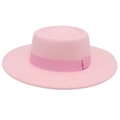 Close-up of pink wool felt boater hat featuring a matching grosgrain ribbon and wide brim - Adult (57-60cm) / Pink