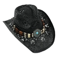 Black straw cowboy hat with ethnic turquoise band and hollow weave texture - Adult 58cm One Size / Black Hollow Grid Style