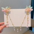 Pink and green flower hair clip set with golden butterfly and hanging tassel fringe - 445-12 Pink Green Flower