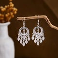 Bohemian style silver earrings with hollow circular design and leaf charms on wood - Silver Round Hollow Leaf(E2875-33)