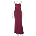 Detail of burgundy off-shoulder evening dress showing satin bodice and matte skirt textures - S / Burgundy