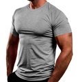 Close-up of the breathable knitted texture on a gray slim fit men's sports t-shirt - Light Gray