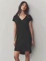 Elegant black slim-fit V-neck short sleeve mini dress in soft cotton jersey fabric - S