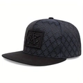 Detail of grey flat brim cap featuring textured diamond grid fabric and NY patch logo - Adjustable / Rhombus Grid Embossed Letter Logo Style / Navy Blue